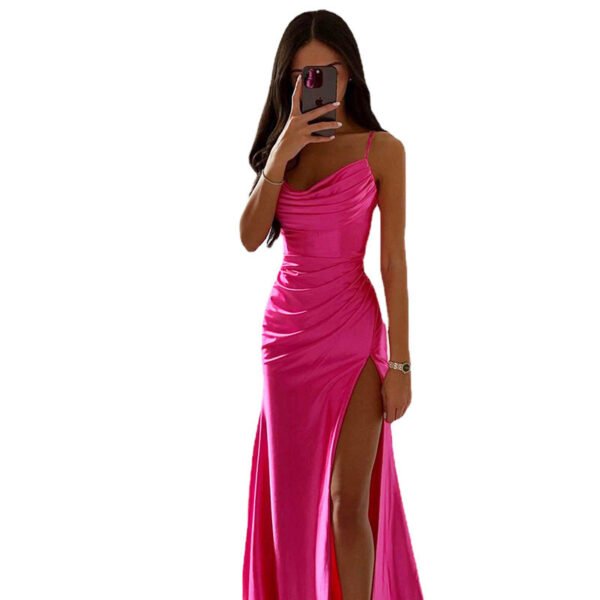 Breast Shrink Pleated Slit Satin Slim-fit Bag Buttock Dress - Image 7