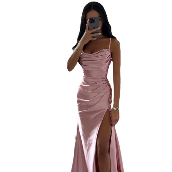 Breast Shrink Pleated Slit Satin Slim-fit Bag Buttock Dress - Image 3