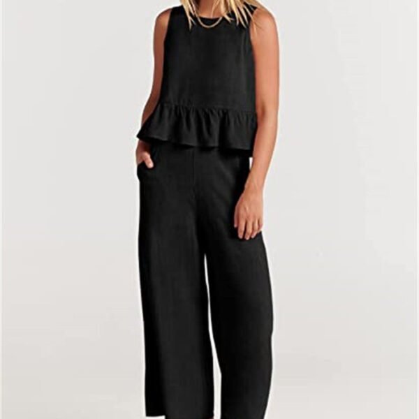 Women's Temperament Fashion Sleeveless Ruffled Undershirt Wide Leg Nine-quarter Pants Set - Image 7