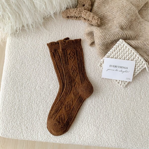 Autumn And Winter Thickening Diamond-shaped Milk Curry Color System Wool Mid-thigh Socks - Image 4