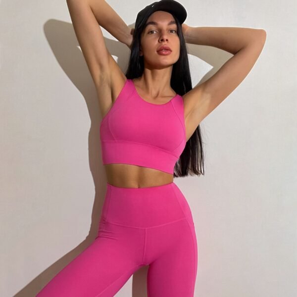 Popular Nude Fabric Sports Tank Top High Waist Pants Double Pocket Yoga Suit Set - Image 9