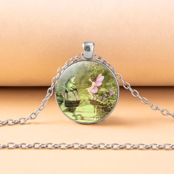 Vintage Cartoon Frog Angel Fairy Princess Glass Dome Necklace - Image 2