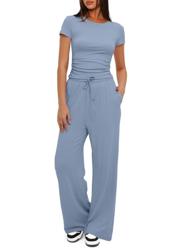 2pcs Solid Color Casual Sports Yoga Suit Short-sleeved Top And High-waisted Drawstring Wide-leg Pants Summer Fashion Set For Womens Clothing - Image 7
