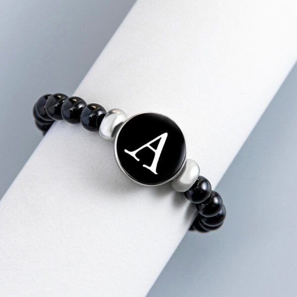 Letter Glass Snap Buttons Charm Bracelet Black Beads Bangles - Image 2
