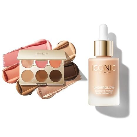 ICONIC LONDON Multi Use Cream Blush, Bronze, and Highlight Palette and Underglow Blurring Primer Bundle | Contour, Conceal, Highlight Palette with Blurring Primer