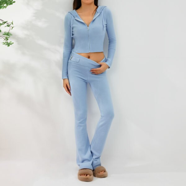 2pcs Knitted Hooded Suits Women's Long-sleeved Cardigan And High Waisted Trousers Clothing - Image 2