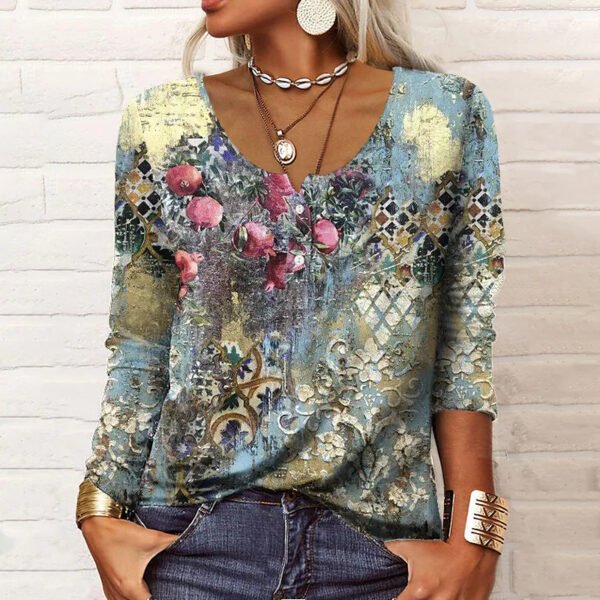Autumn And Winter Loose Long Sleeve Geometric Flower Mang U Neck Button T-shirt For Women - Image 3
