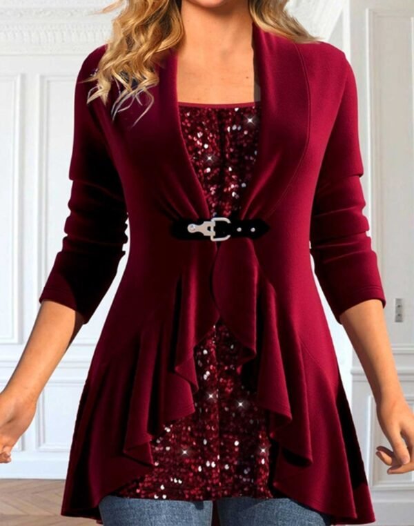 Autumn And Winter New European And American Sequin Stitching False Two-piece Suit Top For Women - Image 3