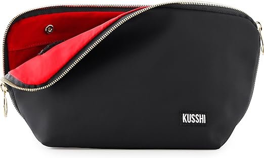 KUSSHI Washable Travel Makeup & Cosmetic Bag - Brush Organizer Sold Separately (Signature, Satin Black/Red)