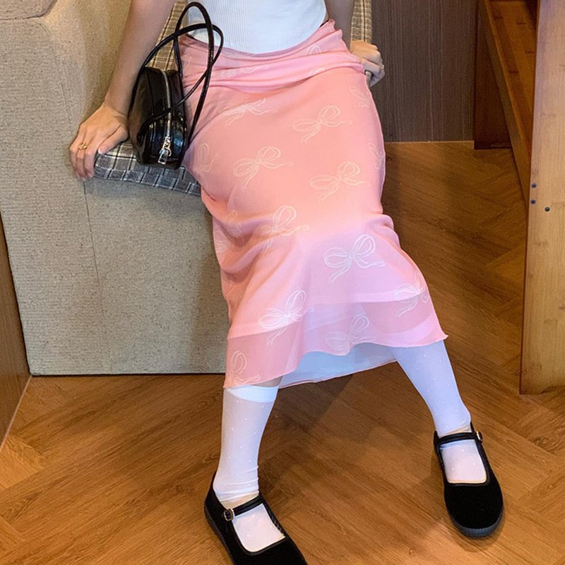 Retro Mesh Bow Printing Stitching Hip Skirt - Image 7