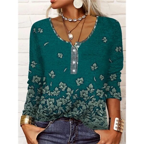 Autumn And Winter Loose Long Sleeve Geometric Flower Mang U Neck Button T-shirt For Women - Image 2