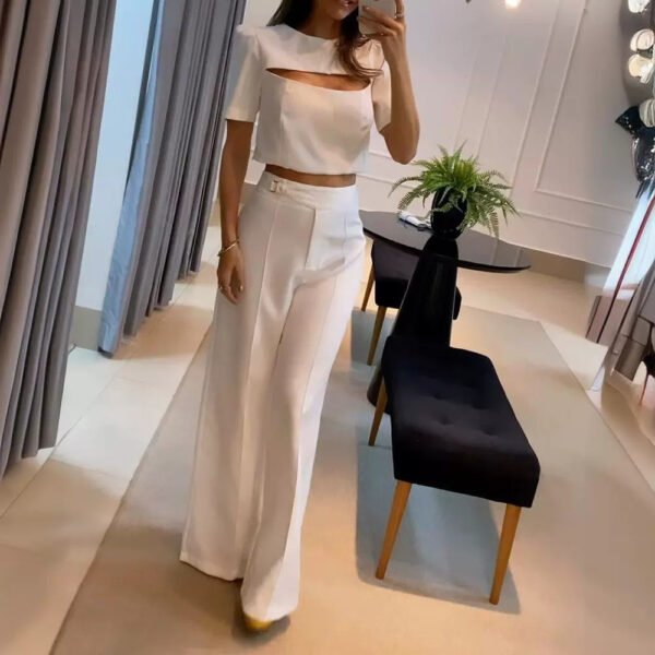 Women's White Short Sleeve Chest Hollow Out Top Suit - Image 2