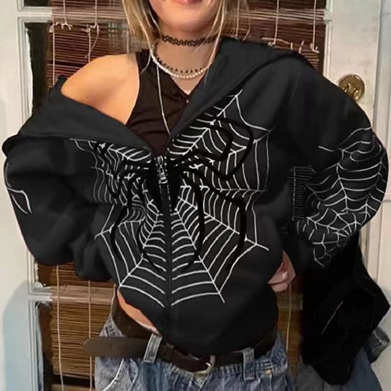 Autumn And Winter Spider Web Printed Street Trendsetter Full Zip Pullover Hoodie - Image 3