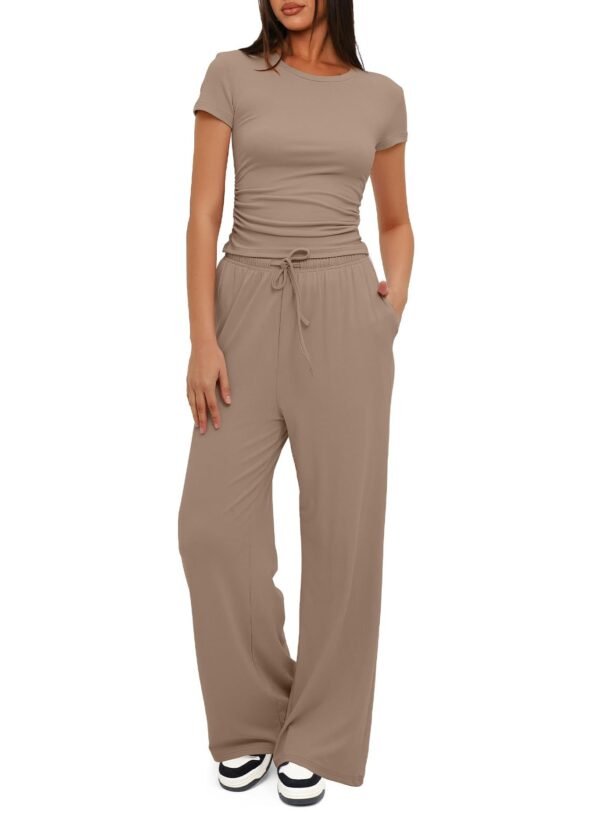 2pcs Solid Color Casual Sports Yoga Suit Short-sleeved Top And High-waisted Drawstring Wide-leg Pants Summer Fashion Set For Womens Clothing - Image 9