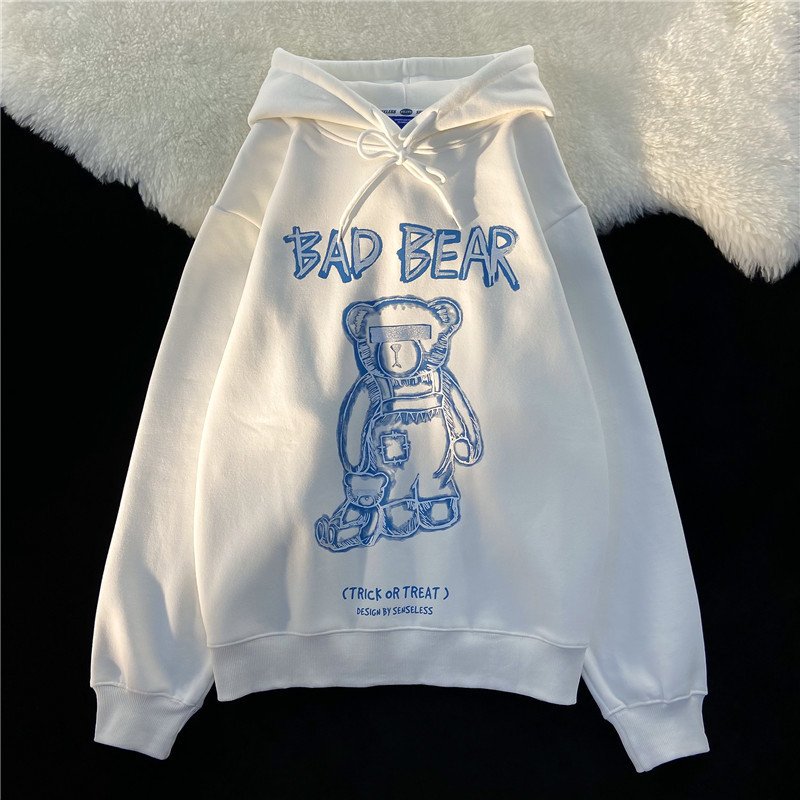 American Hiphop Bear Hoodie Women's Autumn And Winter Korean Style Loose High Street Oversize Retro Bf Preppy Style Top - Image 3
