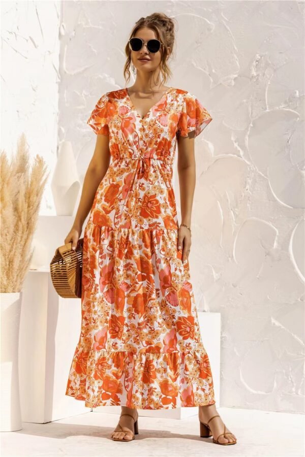 Women's Temperament Short Sleeve V-neck Lace-up Flower Button Dress - Image 7