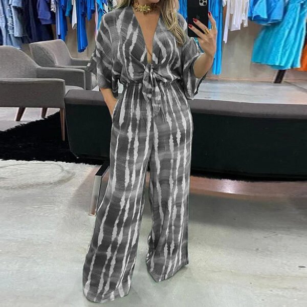 Personalized Print Lace Up V Neck Jumpsuit - Image 2