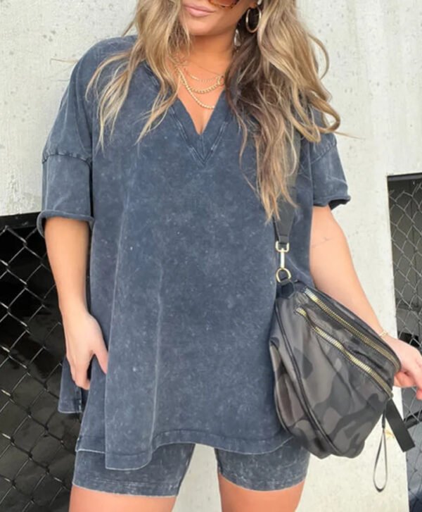 Women's V-Neck Denim-like Short-sleeved T-shirt Casual Shorts Suit - Image 3