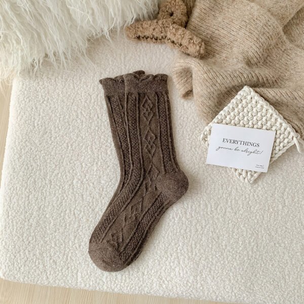 Autumn And Winter Thickening Diamond-shaped Milk Curry Color System Wool Mid-thigh Socks - Image 7
