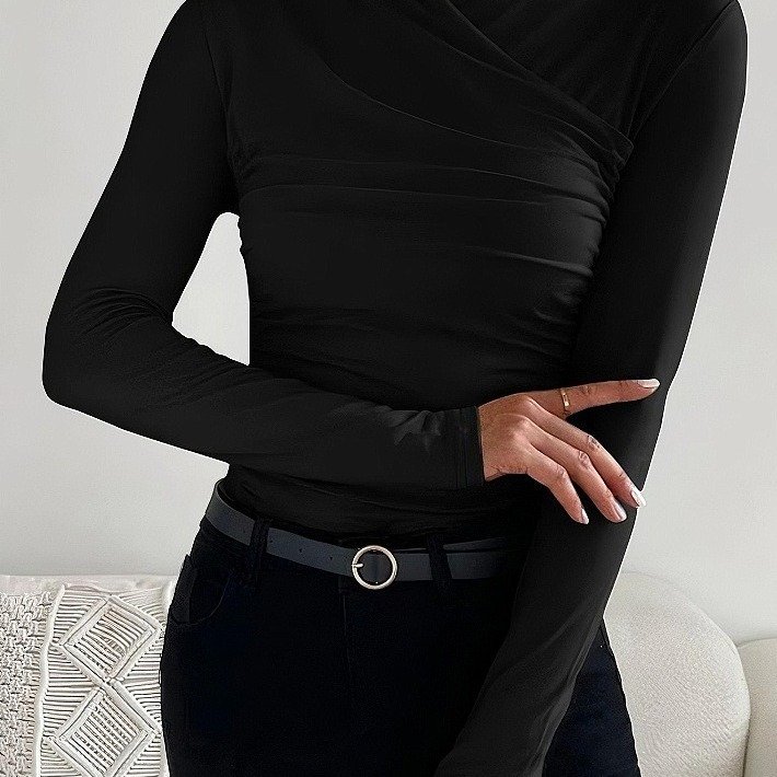 Design Cross Collar Slim Fit All-match Pleating Long Sleeve - Image 2
