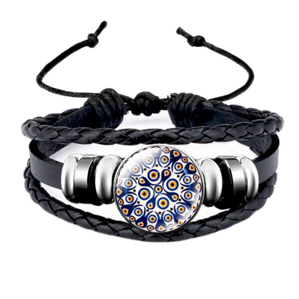 Turkish Blue Eye Glass Snap Button Leather Rope Chain Bracelet - Image 7