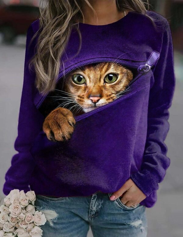 3D Zipper Cat Digital Print Round Neck - Image 4