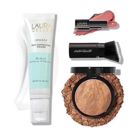 LAURA GELLER Effortless Essentials Kits - Cream Finish (4pc): Baked Balance-n-Brighten Foundation, Sand + Spackle Makeup Primer, Hydrate + Modern Classic Cream Lipstick, Pink Passion + Kabuki