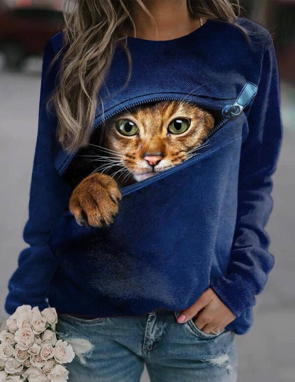 3D Zipper Cat Digital Print Round Neck - Image 6