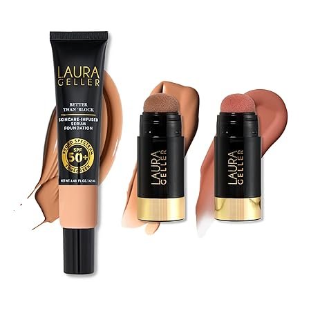 LAURA GELLER Full Face Makeup Kit: Better Than Block Serum Foundation, Golden Medium + Serum Blush, True Tawny + Serum Bronzer, Soft Sunshine