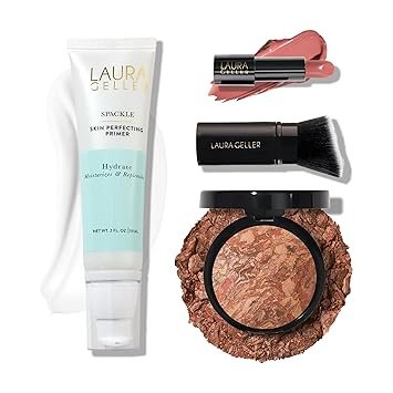 LAURA GELLER Effortless Essentials Kits - Cream Finish (4pc): Baked Balance-n-Brighten Foundation, Deep + Spackle Makeup Primer, Hydrate + Modern Classic Cream Lipstick, Pink Passion + Kabuki