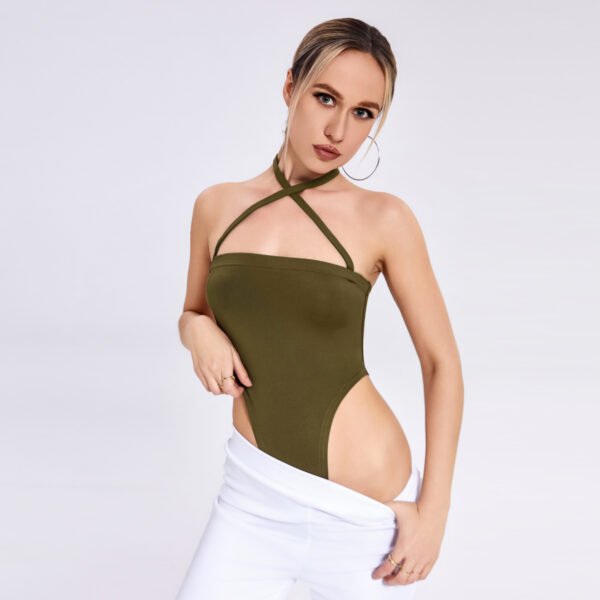 2023 Fashion New Women's One -word Collar Hanging Neck Band -lap Background Bodsuit - Image 5