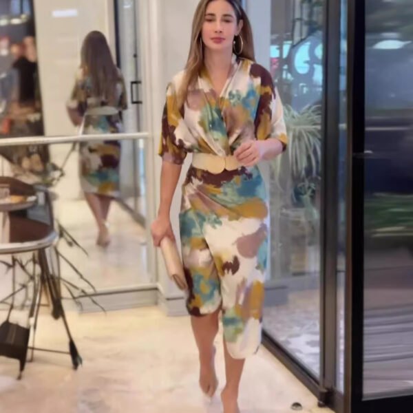 Women's V-neck High Waist Slim Fit Fashion Printed Sheath Dress - Image 4