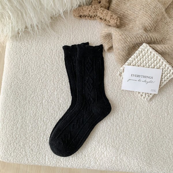 Autumn And Winter Thickening Diamond-shaped Milk Curry Color System Wool Mid-thigh Socks - Image 9