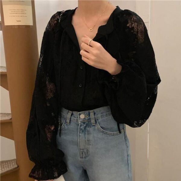 Women's Thin Oversize Long Sleeve Hollow Lace Bottoming Shirt