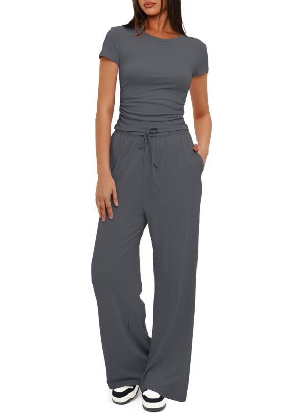 2pcs Solid Color Casual Sports Yoga Suit Short-sleeved Top And High-waisted Drawstring Wide-leg Pants Summer Fashion Set For Womens Clothing - Image 8
