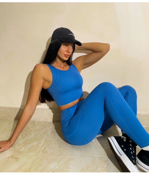 Popular Nude Fabric Sports Tank Top High Waist Pants Double Pocket Yoga Suit Set - Image 7
