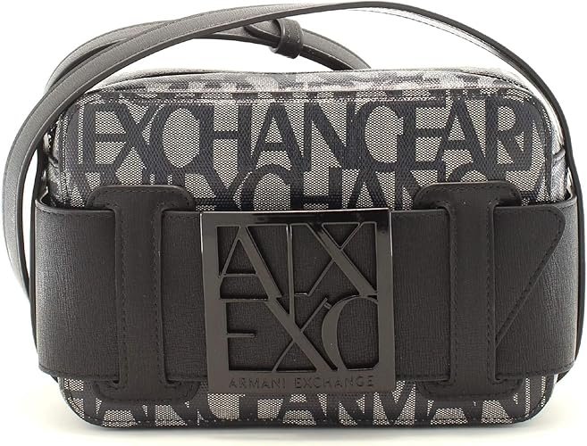 Armani Exchange Logo Placket Top Zip Camera Crossbody Bag, Beige/Black