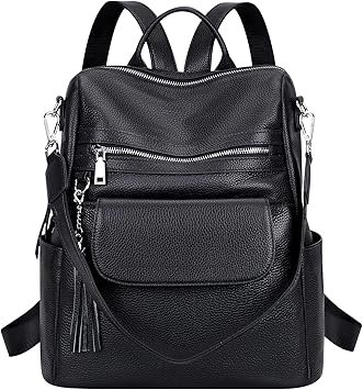 ALTOSY Genuine Leather Backpack Purse for Women Large Convertible Shoulder bag Ladies Crossdody Bag with Tassel(S115 Black)