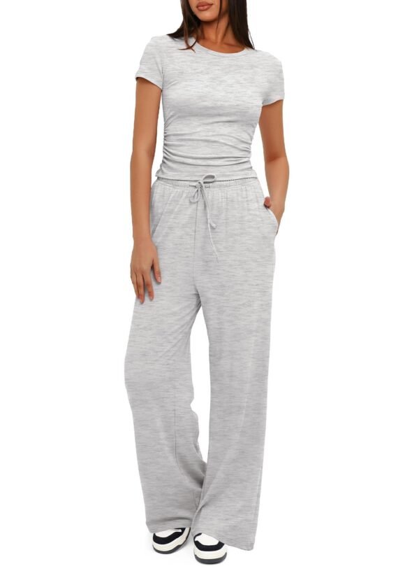 2pcs Solid Color Casual Sports Yoga Suit Short-sleeved Top And High-waisted Drawstring Wide-leg Pants Summer Fashion Set For Womens Clothing - Image 5