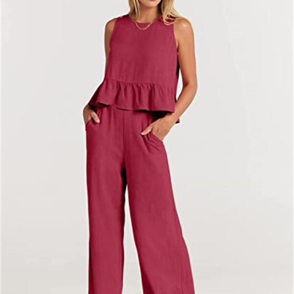 Women's Temperament Fashion Sleeveless Ruffled Undershirt Wide Leg Nine-quarter Pants Set - Image 2