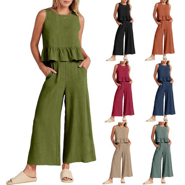 Women's Temperament Fashion Sleeveless Ruffled Undershirt Wide Leg Nine-quarter Pants Set - Image 5