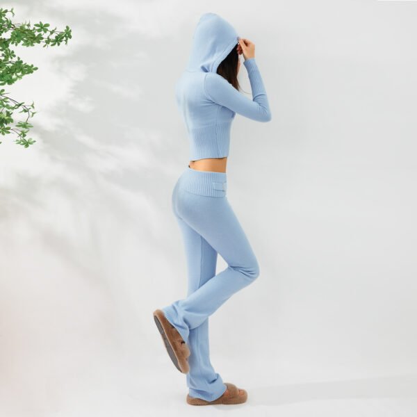 2pcs Knitted Hooded Suits Women's Long-sleeved Cardigan And High Waisted Trousers Clothing - Image 3