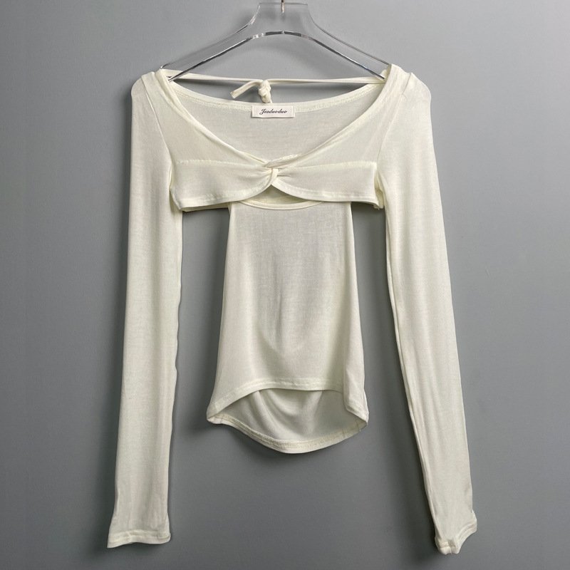 Autumn New Slightly See-through Thin Halter Spaghetti Straps Vest Long Sleeve Shawl Skinny Slimming Sets - Image 7