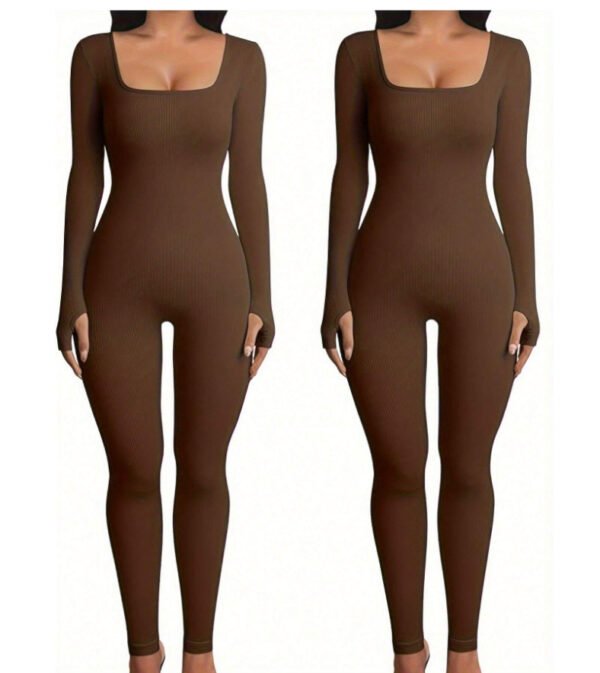 Women's Yoga Sports Fitness Jumpsuit Workout Long Sleeve Square Collar Clothing - Image 9