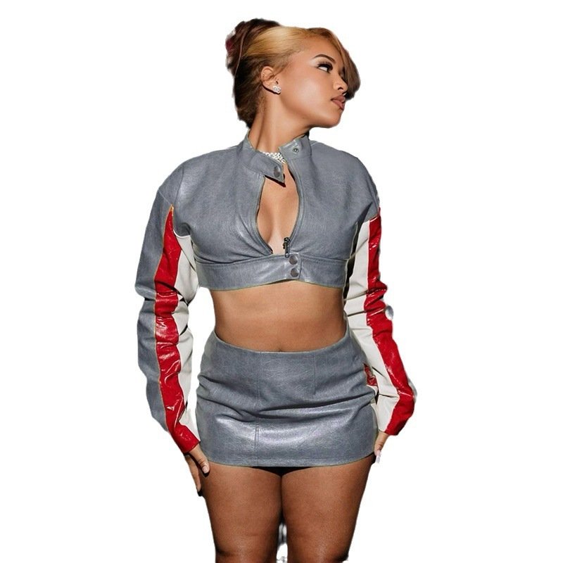 American Street Style Motorcycle Contrast Color Stand-up Collar Jacket - Image 7