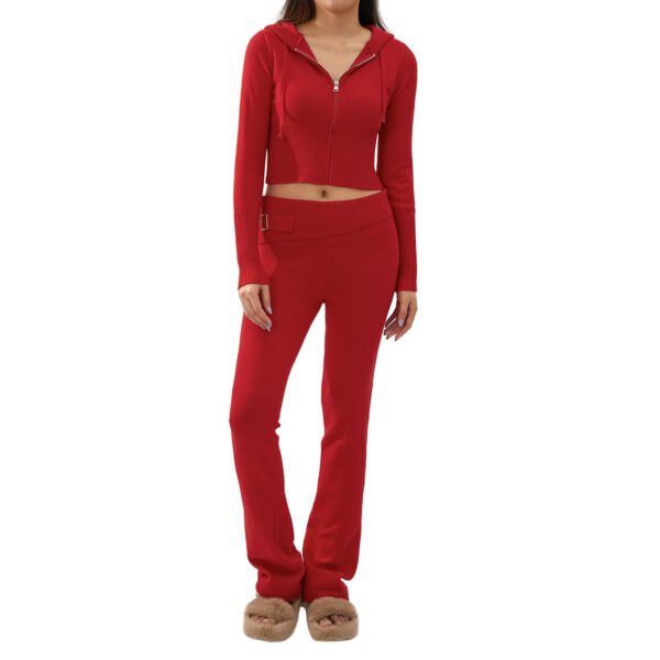 2pcs Knitted Hooded Suits Women's Long-sleeved Cardigan And High Waisted Trousers Clothing - Image 10