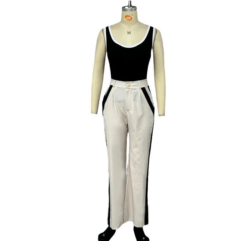 Autumn New Contrast Color Suspenders Slim High Waist Trousers Two-piece Set For Women - Image 5