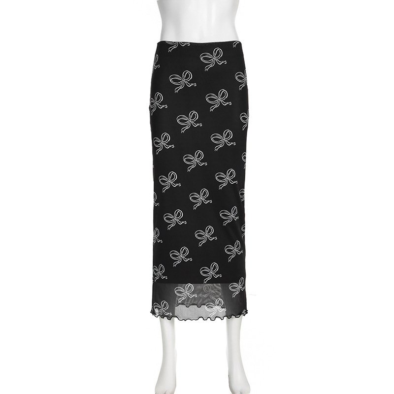 Retro Mesh Bow Printing Stitching Hip Skirt - Image 8