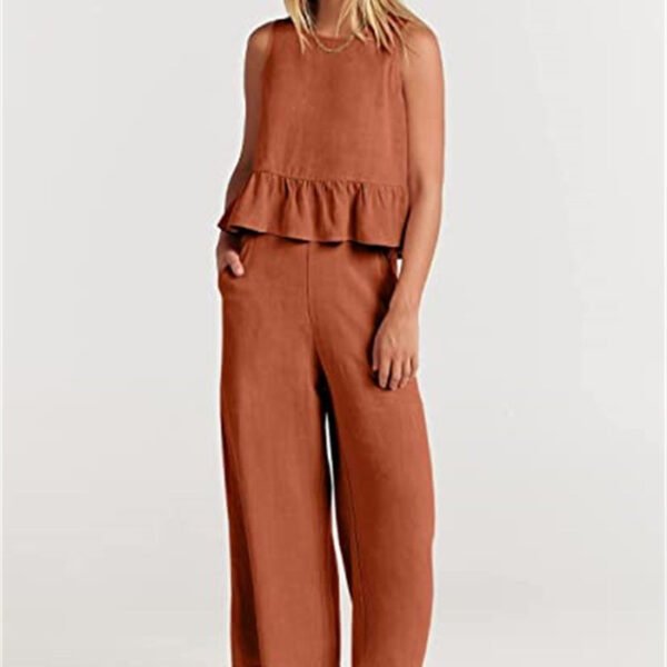 Women's Temperament Fashion Sleeveless Ruffled Undershirt Wide Leg Nine-quarter Pants Set