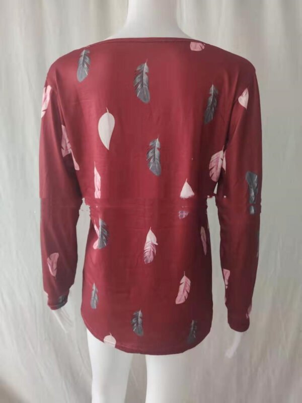 Women's V-neck Zipper Feather Print Long Sleeve Loose T-shirt - Image 4